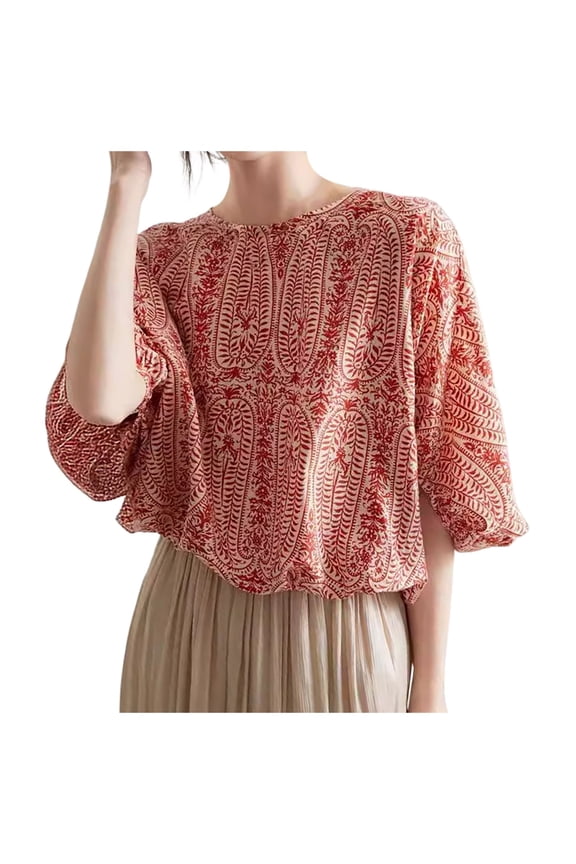 Womens Summer Tops Crisp Loose Bat Sleeve Back Tie Bow Floral Comfortable Long Sleeves Red Womens T Shirts S