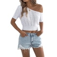 thumbnail image 1 of Womens Summer Tops Crochet Sweaters Resort Wear Short Sleeve Hollow Out Knit Tops 2025 Beach Coverup White S, 1 of 9