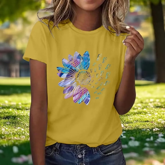 Womens Summer Tops Cute Floral Printing Short Sleeve T-Shirts Fashion Casual Round Neck Tees Blouses Pullover Tops