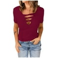 thumbnail image 1 of Womens Summer Tops Cutout V-neck Solid Color Short Sleeve Pullover T-Shirt Ladies Soft Beach Blouses Tees Tops for Women, 1 of 8