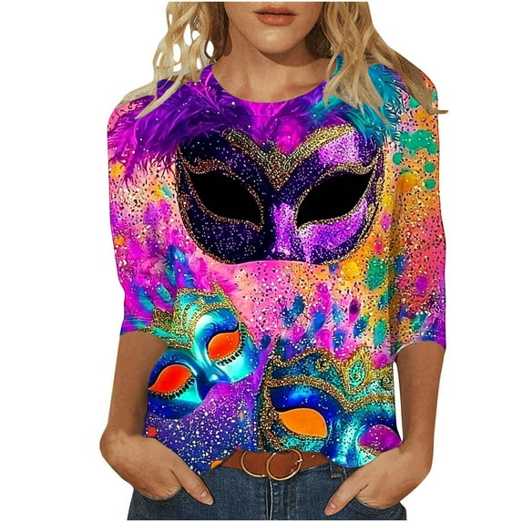 Mardi Gras Outfit for Women,Summer Tops for Women Trendy Shirts for Women Graphic Tees Womens Blouses for Work Professional Womens Summer Tops 3/4 Sleeve V-Neck