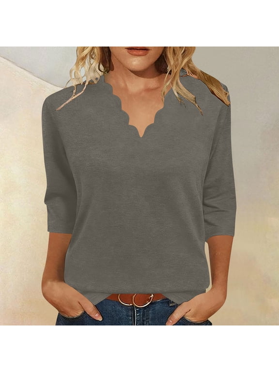 Womens Summer Tops Dressy Casual 3/4 Sleeve Scalloped Trim V Neck Shirts Ladies Loose Fit Basic Tunic T Shirts Blouse(Gray,L)