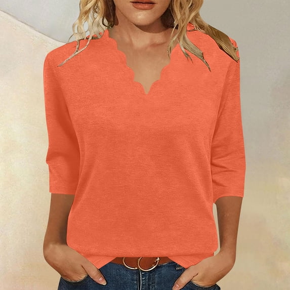 Womens Summer Tops Dressy Casual 3/4 Sleeve Scalloped Trim V Neck Shirts Ladies Loose Fit Basic Tunic T Shirts Blouse(Orange,L)