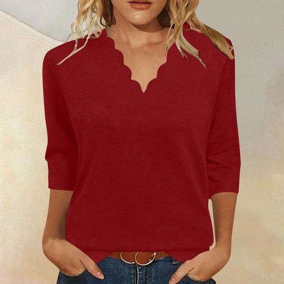 Womens Summer Tops Dressy Casual 3/4 Sleeve Scalloped Trim V Neck Shirts Ladies Loose Fit Basic Tunic T Shirts Blouse(Wine,XXL)
