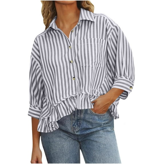 Womens Summer Tops Dressy Casual Blouse Top Ruffled Short Sleeve Button Down Striped Shirt