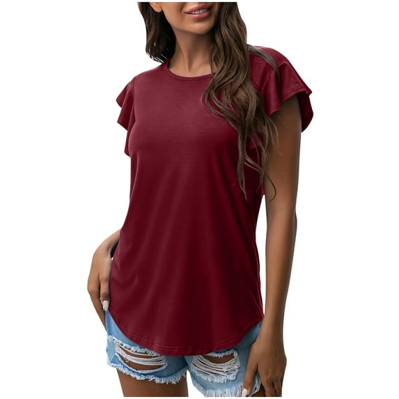 Womens Summer Tops Dressy Casual Ruffle Short Sleeve Crewneck Shirts Solid Color Loose Fit Basic T Shirts Tunic Blouses