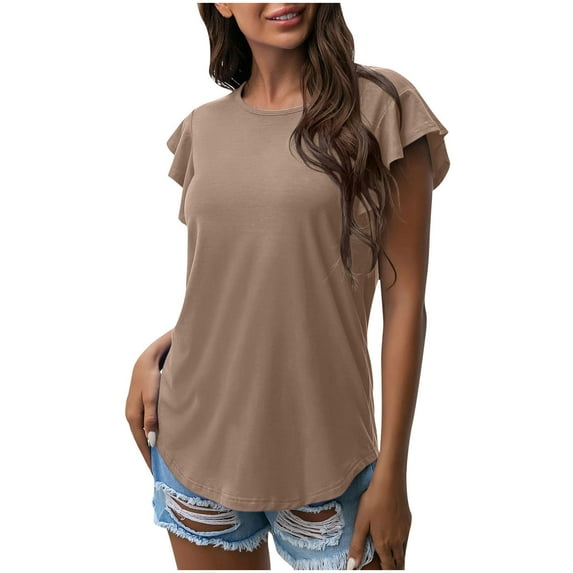 Womens Summer Tops Dressy Casual Ruffle Short Sleeve Crewneck Shirts Solid Color Loose Fit Basic T Shirts Tunic Blouses