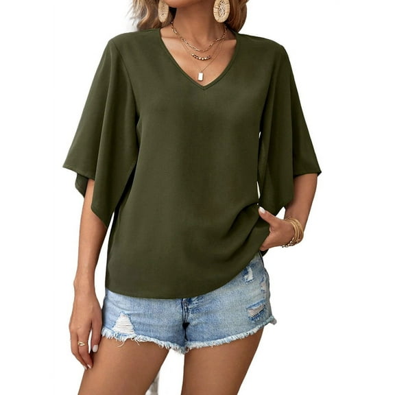 Womens Summer Tops Dressy Casual Shirts 3/4 Sleeve V Neck Work Blouse Business Casual Shirts Green L
