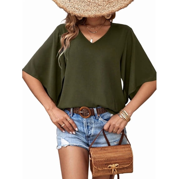 Womens Summer Tops Dressy Casual Shirts 3/4 Sleeve V Neck Work Blouse Business Casual Shirts Green XXL