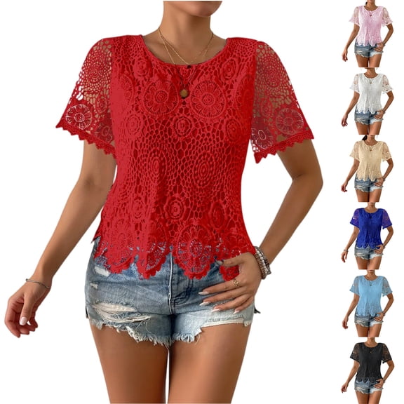 Womens Summer Tops Dressy Casual Short Sleeve Lace Trendy Shirts Crewneck T Shirt Hollow Out Loose Blouses Red S