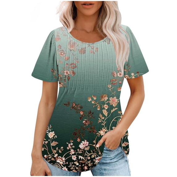 Womens Summer Tops Dressy Casual Short Sleeve Scoop Neck Pleated T Shirts Tunic Blouses Trendy Cute Print Tees