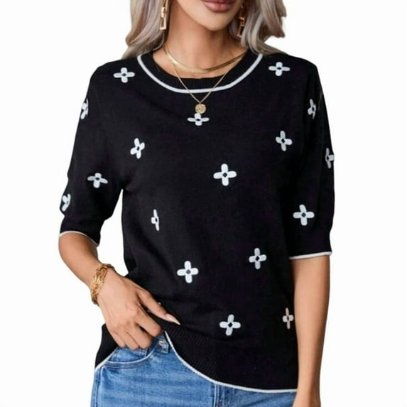 Womens Summer Tops Dressy Casual Short Sleeve Sweaters Crew Neck Knit Tops Loose Blouse Basic Shirts