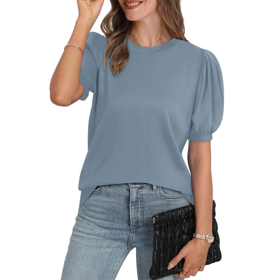 Womens Summer Tops Dressy Casual Short Sleeve Tunic Blouse Business Pleated Crew Neck Loose Flowy Shirts Light Blue S