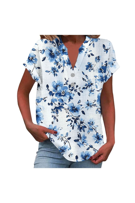 Womens Summer Tops Dressy Casual Vintage T Shirts Womens T Shirts Casual Cotton Short Sleeve Button Up Shirts for Women Print
