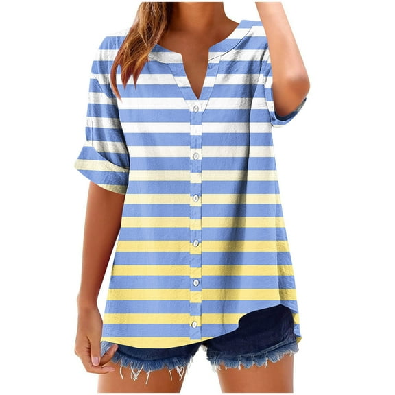 Womens Summer Tops Dressy Women Tops Trendy, Linen Tops for Women Summer Work Shirts Trendy Button Down Plus Size V Neck Boho Clothes Spring Tops for Women 2025