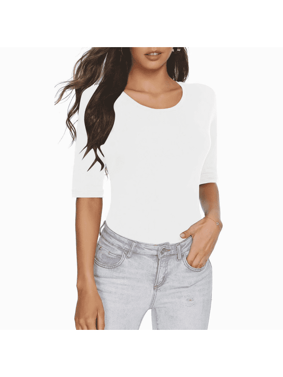 Womens Summer Tops Elbow Length Sleeve Scoop Neck Slim Fitted Casual T-Shirts Comfy Stretch Dailywear Plain Color Tee Tops