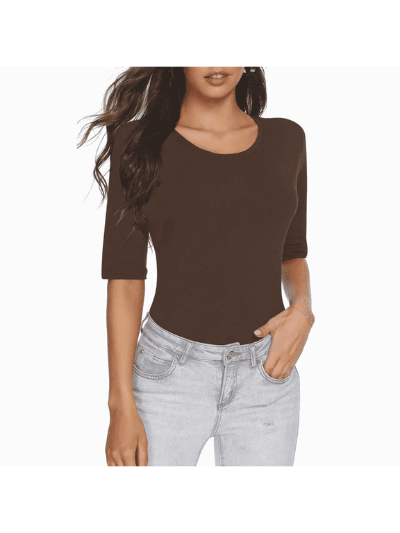 Womens Summer Tops Elbow Length Sleeve Scoop Neck Slim Fitted Casual T-Shirts Comfy Stretch Dailywear Plain Color Tee Tops