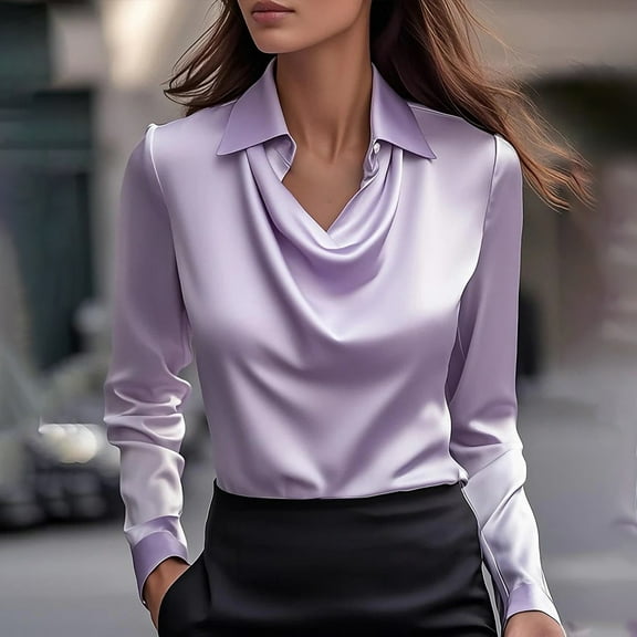 Womens Summer Tops Elegant Cowl Neck Satin Blouse Long Sleeve Work Shirt Top Shirts for Women
