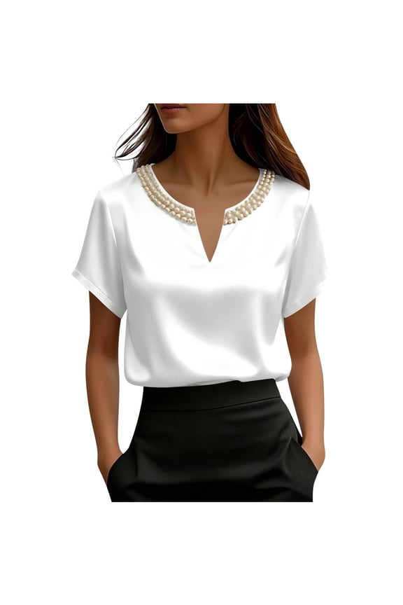 Womens Summer Tops Elegant Loose Pearl Beaded V Neck Long Sleeve Satin Blouse Plus Size Summer Shirts White 2XL