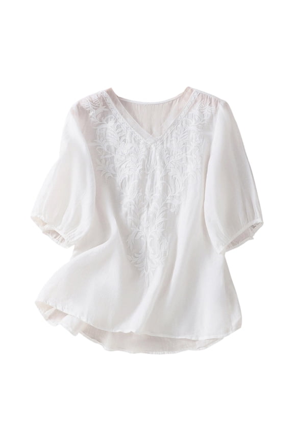 Womens Summer Tops Embroidered Floral Vine Ethnic 3/4 Cuffed Sleeve Tees for Teens Girls,White,M