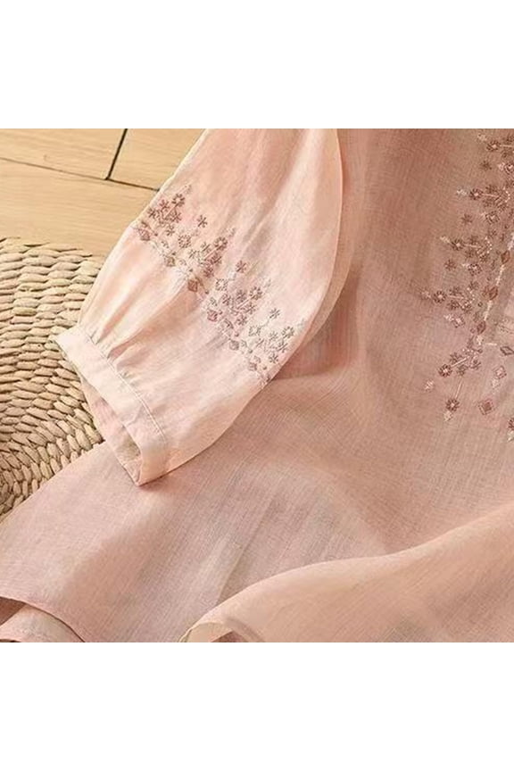 Womens Summer Tops Embroidered Tops for Women Cotton Linen Tshirt Tee Women 3/4 Sleeve V Neck Button Ethnic Shirts for Women
