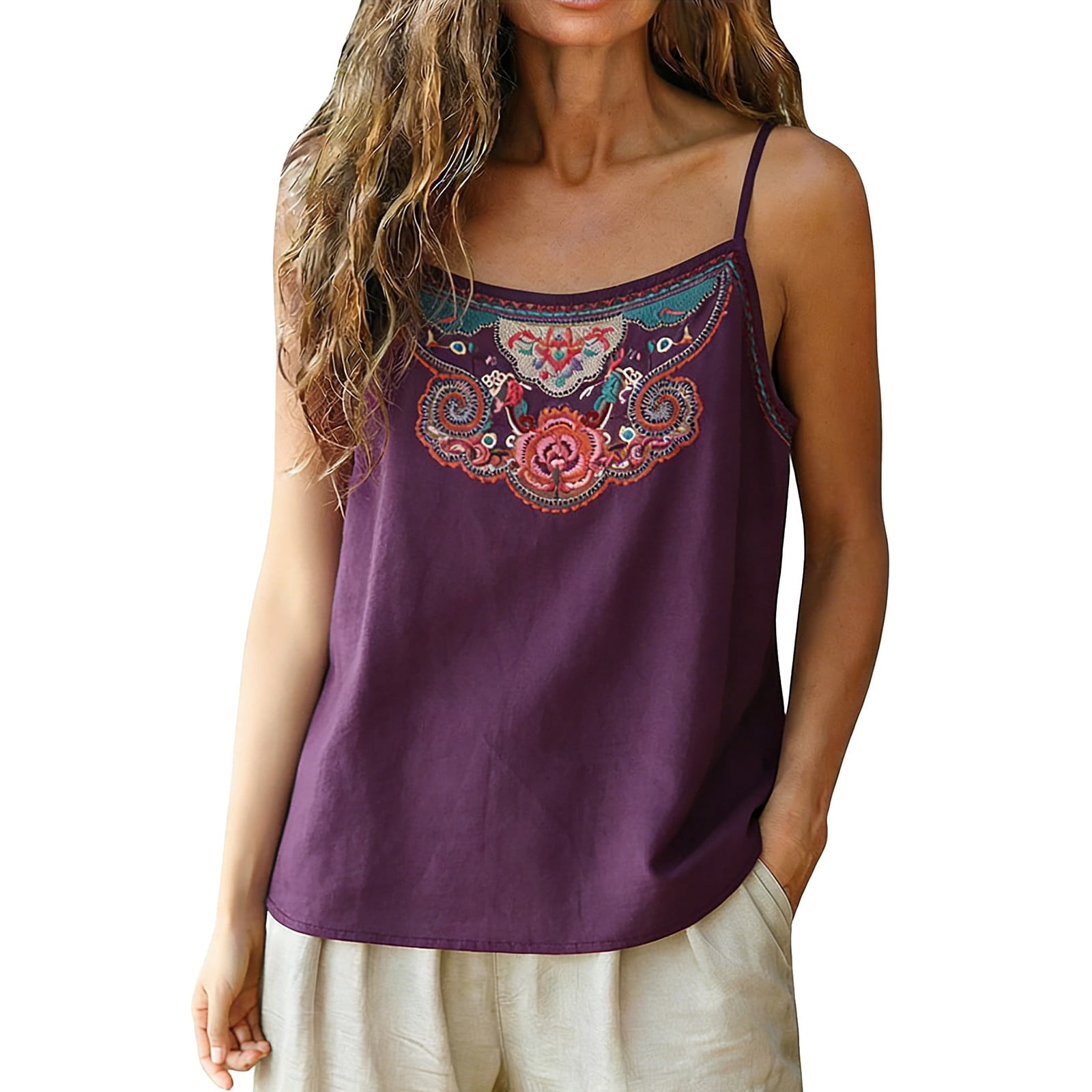 Womens Summer Tops Embroidery Linen Camisole Casual Womens