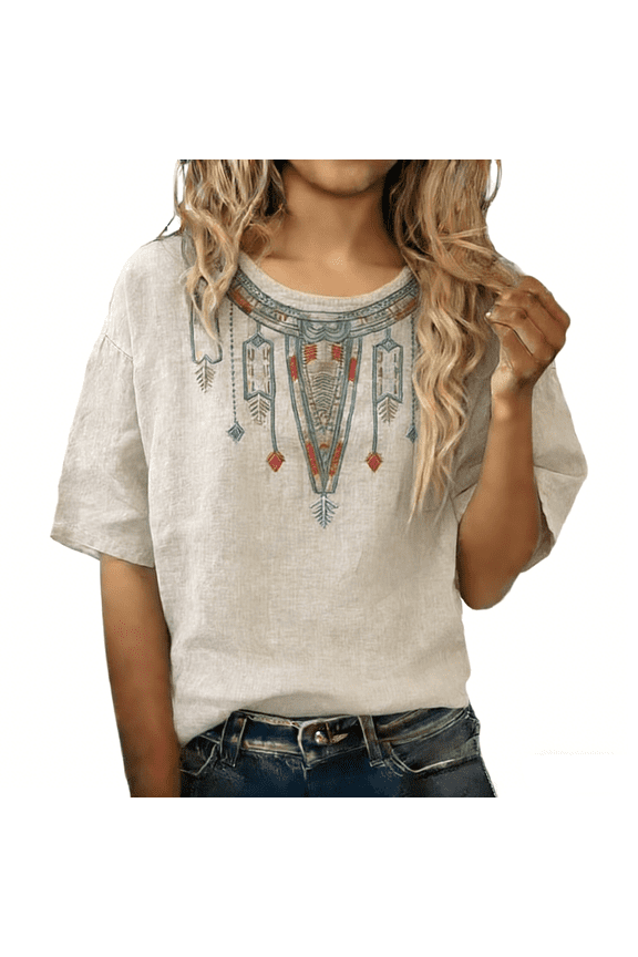 Womens Summer Tops Ethnic Style Embroidered Red Loose Fit Short Sleeve T Shirt Casual Linen Cotton Top on Sale