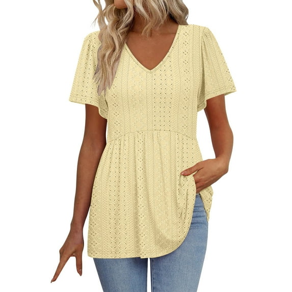 Womens Summer Tops Eyelet Embroidered Babydoll Short Sleeve T Shirts Puff Sleeve Peplum Tops Tunic V Neck T Shirts Tops