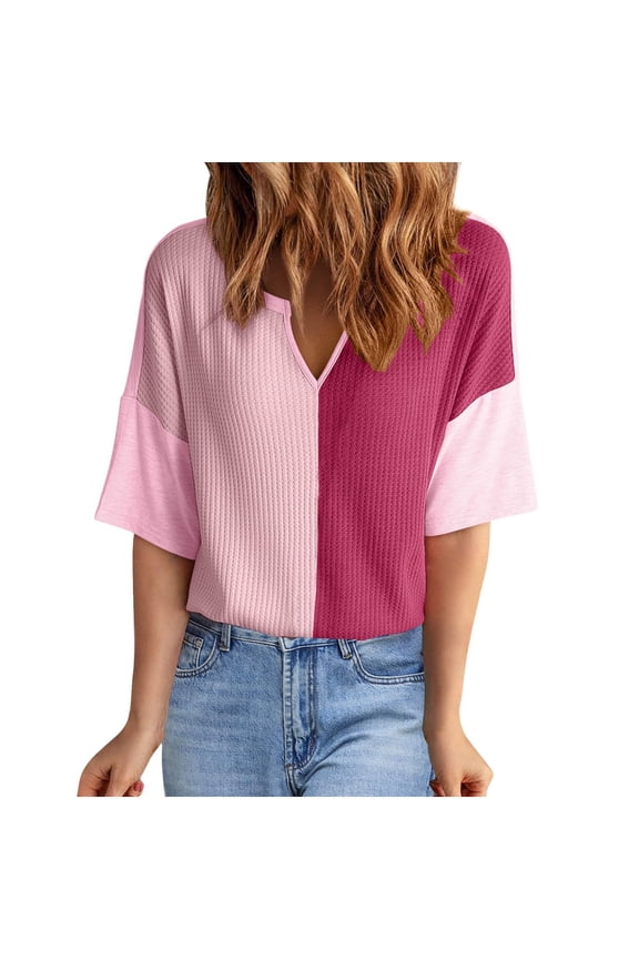 Womens Summer Tops Fashion 2026 Half Sleeve Waffle Knitted Shirts Casual V Neck Colorblock Patchwork Blouses