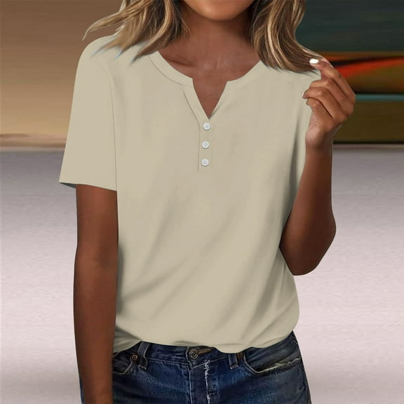 Womens Summer Tops Fashion Casual Solid Color Button Short Sleeve Top T Shirt Shirts for Women