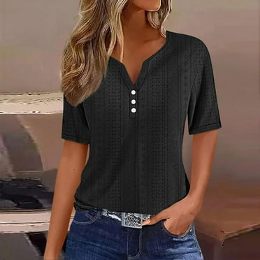 Womens Summer Tops Fashion Dressy Casual Short Sleeve Button Down Collared Polo T-Shirts Loose Fit Blouses Women's V-neck Button Solid Color Short Sleeve T-Shirt Loose Top