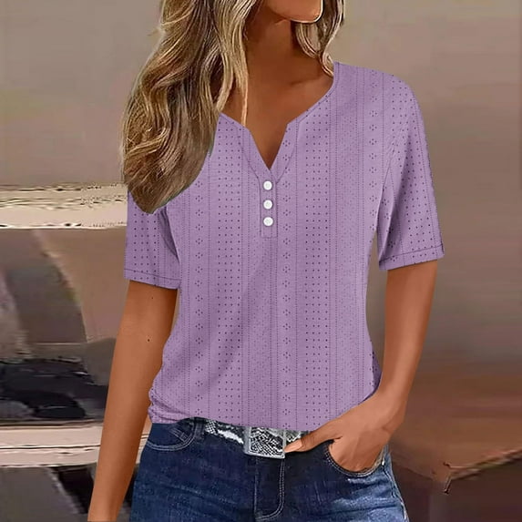 Womens Summer Tops Fashion Dressy Casual Short Sleeve Button Down Collared Polo T-Shirts Loose Fit Blouses Women's V-neck Button Solid Color Short Sleeve T-Shirt Loose Top
