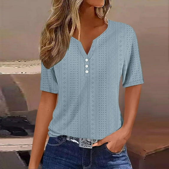 Womens Summer Tops Fashion Dressy Casual Short Sleeve Button Down Collared Polo T-Shirts Loose Fit Blouses Women's V-neck Button Solid Color Short Sleeve T-Shirt Loose Top