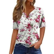ZICTH Womens Summer Tops Fashion Floral Print Funnel Neck T Shirt Casual Short Sleeve Blouses for Women