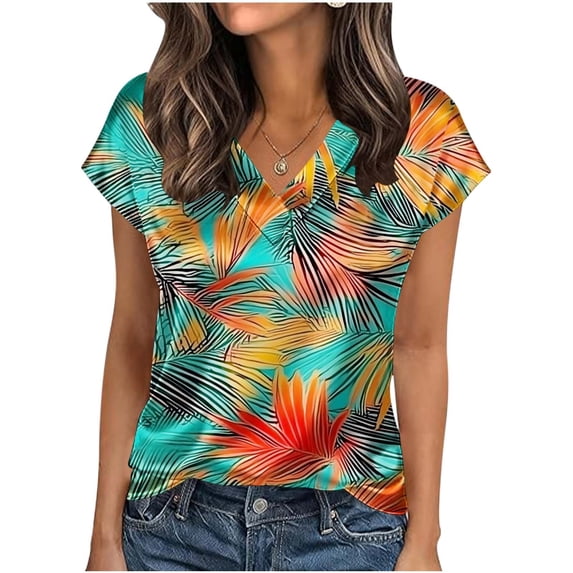 Womens Summer Tops Fashion Print Short Sleeve T-Shirt V Neck Casual T Shirts Beach Vacation Clothes Blusas Elegantes Para Mujer