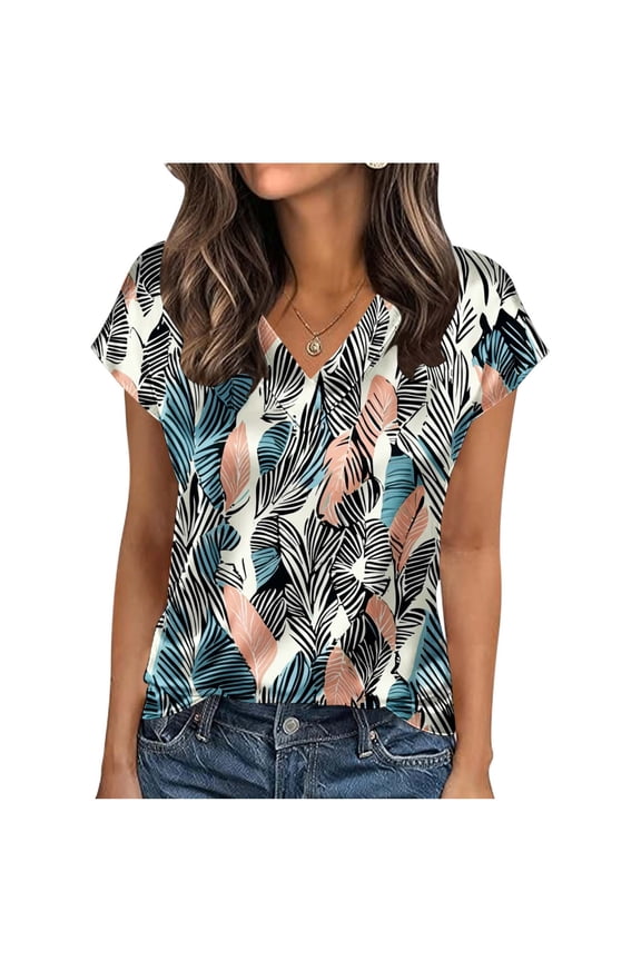 Womens Summer Tops Fashion Print Short Sleeve T-Shirt V Neck Casual T Shirts Beach Vacation Clothes Blusas Elegantes Para Mujer