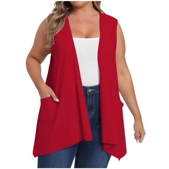 Womens Summer Tops Fashion Solid Color Cardigan Pocket Sleeveless Plus Size
