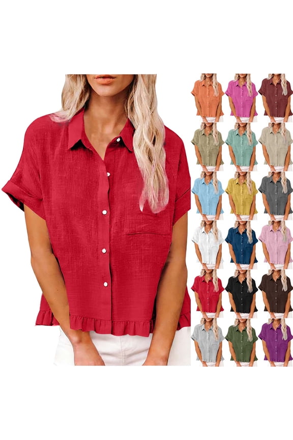 Womens Summer Tops Fashion Spring Clothing Fabric Solid Color Front Pocket Hem Fringe Short Sleeve Flared Collar Top