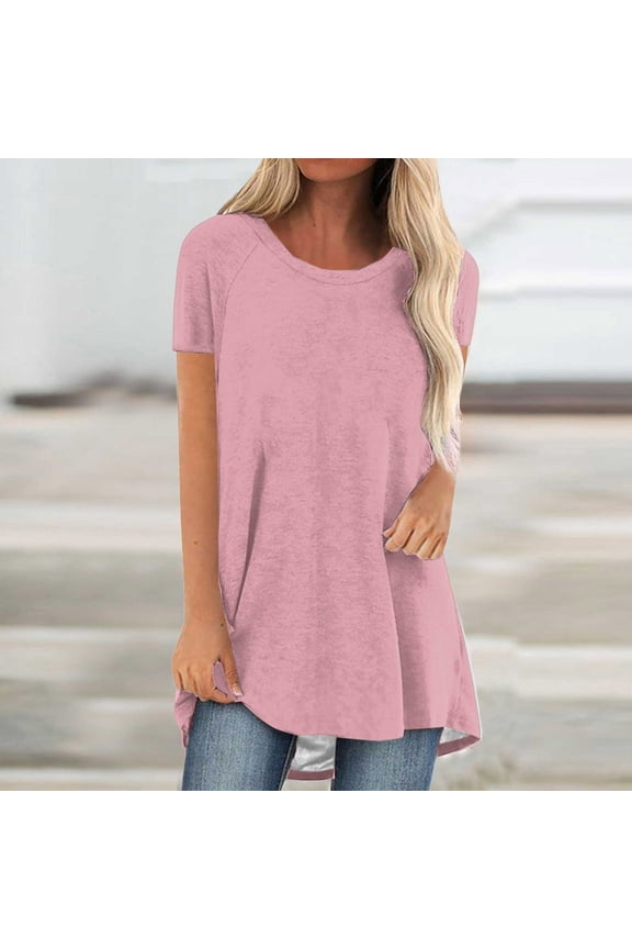 Womens Summer Tops Fashion Summer Round Neck Leisure Short Sleeve Solid Tops Up to 65% Off