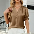 thumbnail image 1 of Womens Summer Tops Fashionable Satin V Neck Pleated Button Short Sleeved Shirt with Ruffled Edges Shirts for Women, 1 of 6