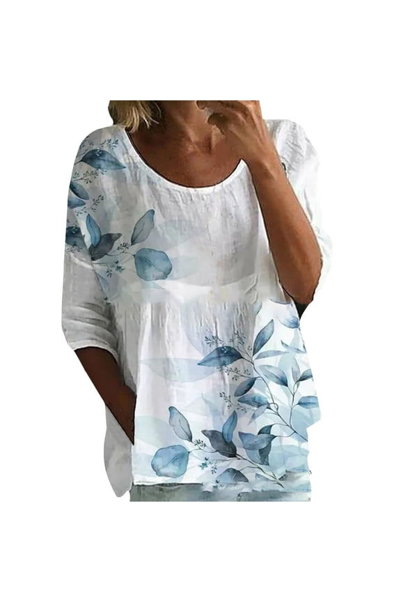 Womens Summer Tops Floral Leaf Print 3/4 Sleeve Oversized Loose Flowy Dressy Blouse Spring Summer Vacation Tops