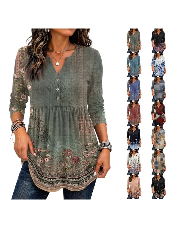 Womens Summer Tops Floral Print Boho Blouses 3/4 Sleeve V Neck Button Tunic Shirts Flowy Casual Clothes