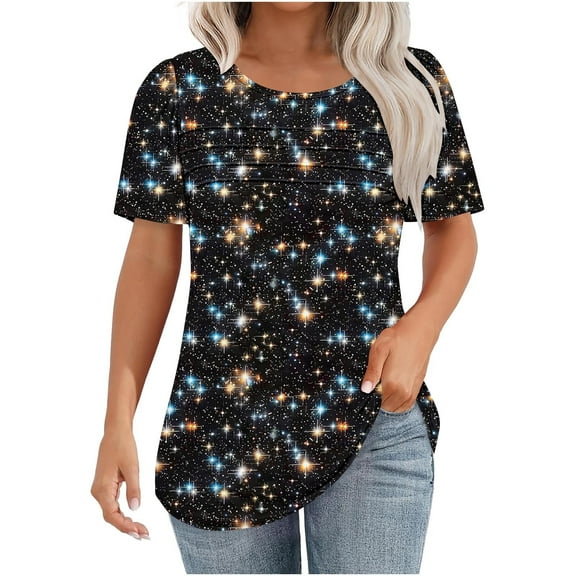 Womens Summer Tops Floral Print Tunic Blouse Casual Crewneck Short Sleeve Tshirts Pleated Tee Shirt