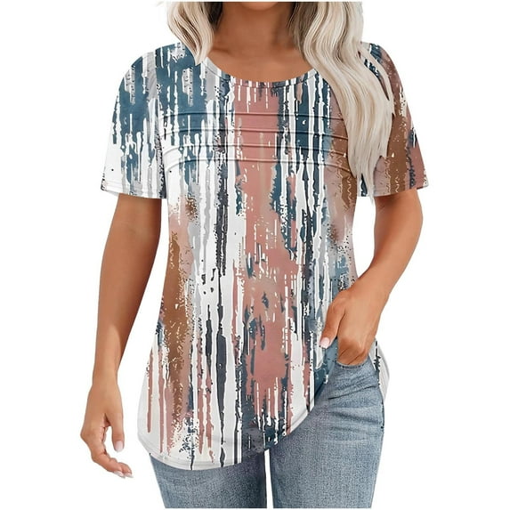 Womens Summer Tops Floral Print Tunic Blouse Casual Crewneck Short Sleeve Tshirts Pleated Tee Shirt