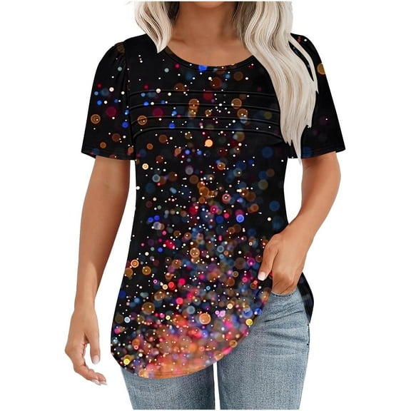 Womens Summer Tops Floral Print Tunic Blouse Casual Crewneck Short Sleeve Tshirts Pleated Tee Shirt
