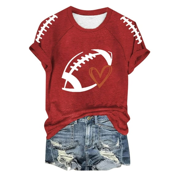 Womens Summer Tops Funny Football Season Printed T Shirt Sport Fans Short Sleeve Oversized Tshirts for Women Red S