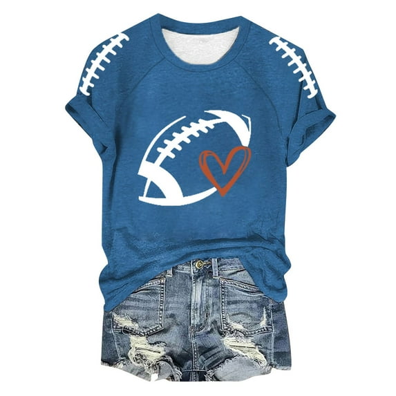 Womens Summer Tops Funny Football Season Printed T Shirt Sport Fans Short Sleeve Shirts for Women Blue L
