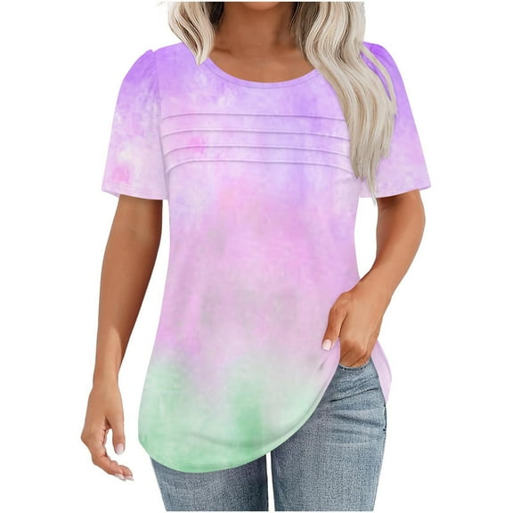 Womens Summer Tops Gradient Pleated Crewneck Tshirts Fashion Short Sleeve Tunic T Shirt for Legging