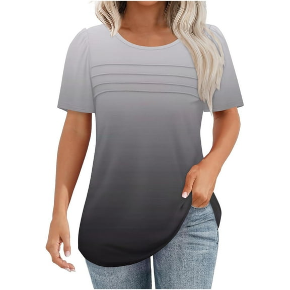Womens Summer Tops Gradient Pleated Crewneck Tshirts Fashion Short Sleeve Tunic T Shirt for Legging