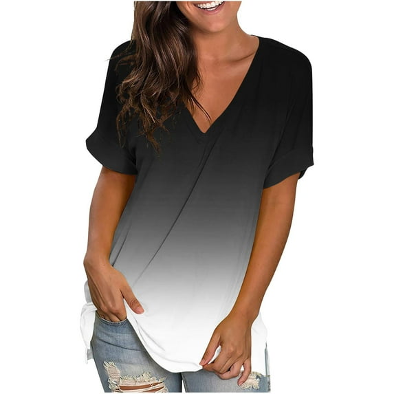 Womens Summer Tops Gradient V Neck T Shirts Short Sleeve Tshirt Casual Side Split Tunic Tops
